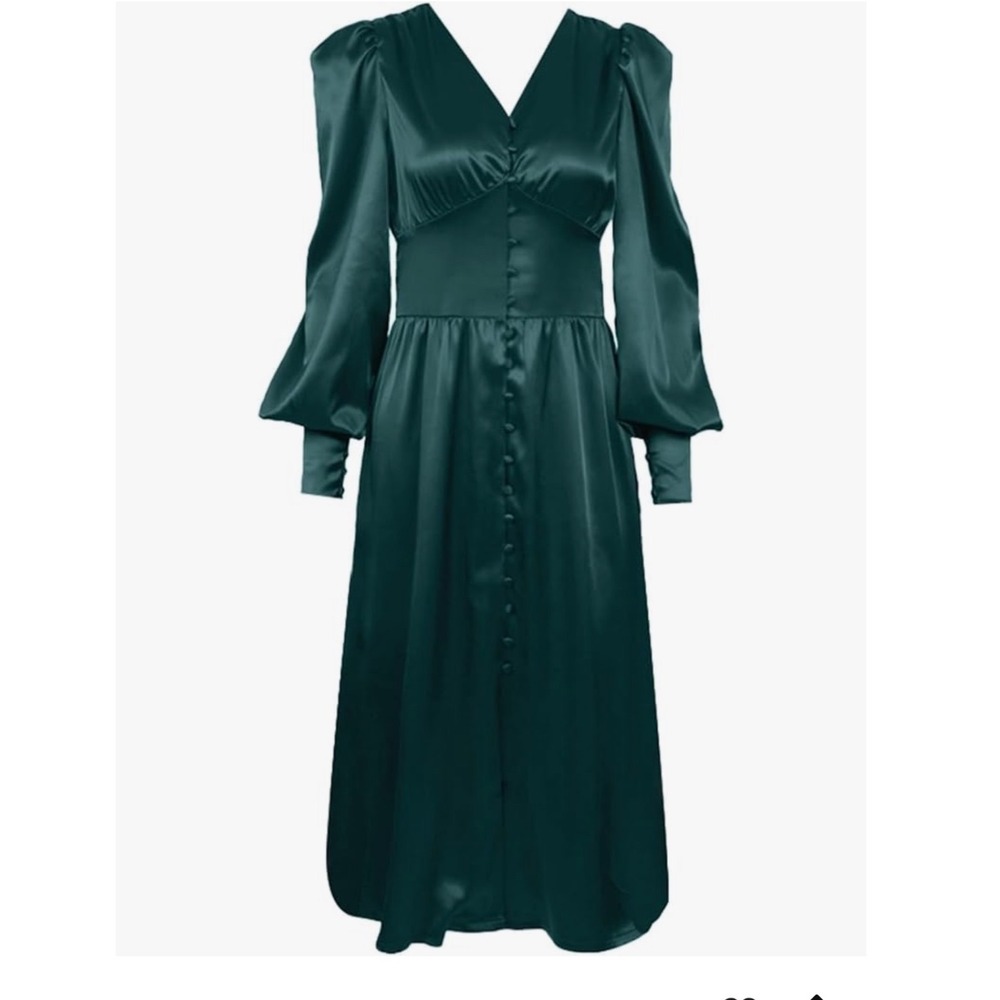 Colon Diana Teal Satin Bishop Sleeve Button Front Midi Dress Womens - Picture 2 of 16